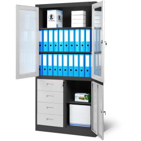   JAN NOWAK WIOLA fém iratszekrény vitrinnel és fiókokkal 900x1850x400, modell antracit-fehér