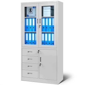   JAN NOWAK WIOLA fém iratszekrény vitrinnel és fiókokkal 900x1850x400, modell szürke