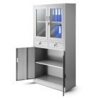 JAN NOWAK EDMUND Fém iratszekrény vitrinnel és fiókokkal, 900x1850x450, modell szürke