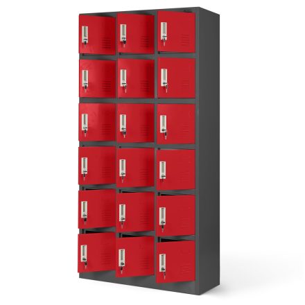 JAN NOWAK KAROL fém öltözőszekrény, 18 rekeszes, 900x1850x400, modell antracit-piros