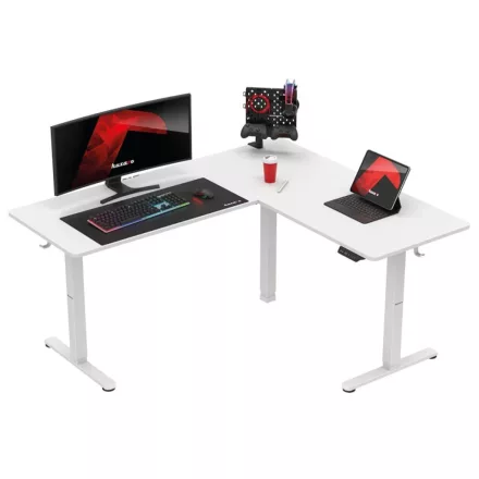 Huzaro Hero 9.5 elektromosan emelhető sarok gamer asztal, 160 cm x 140 cm, fehér