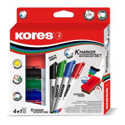  Tábla- és flipchart marker készlet mágneses táblatörlő szivaccsal, 1-3 mm, kúpos KORES, 4 különböző szín