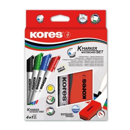  Tábla- és flipchart marker készlet mágneses táblatörlő szivaccsal, 3-5 mm, kúpos KORES, 4 különböző szín