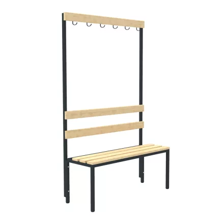 Egyoldalas fém öltözőpad fa lécekkel és ruhaakasztó kampókkal Lsz 1a, 150 cm