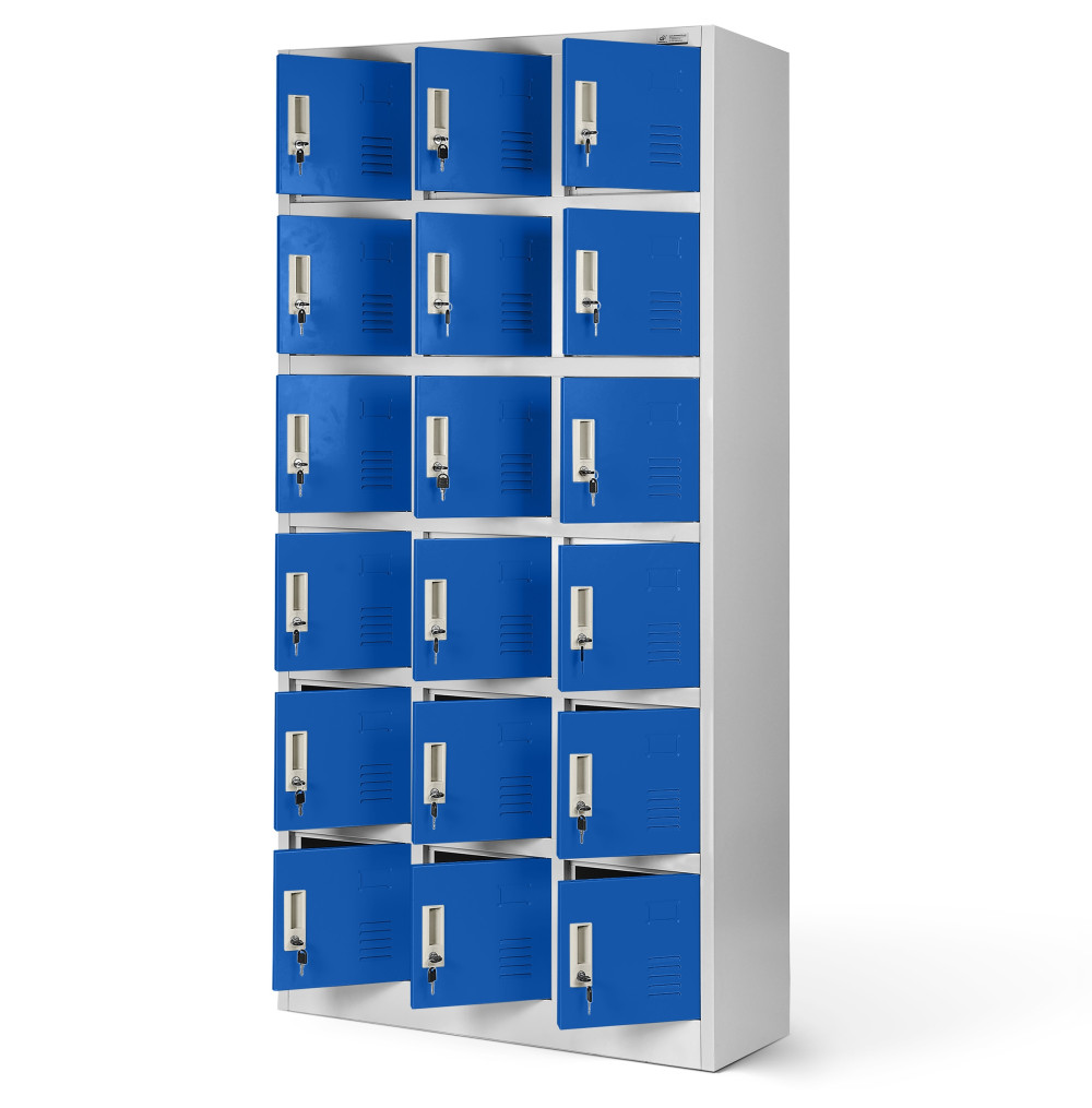 JAN NOWAK KAROL fém öltözőszekrény, 18 rekeszes, 900x1850x400, modell szürke-kék